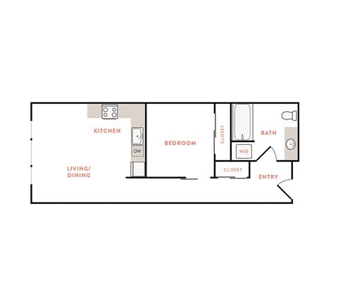 Floor plan for 1 bed, 1 bath, 609 sqft